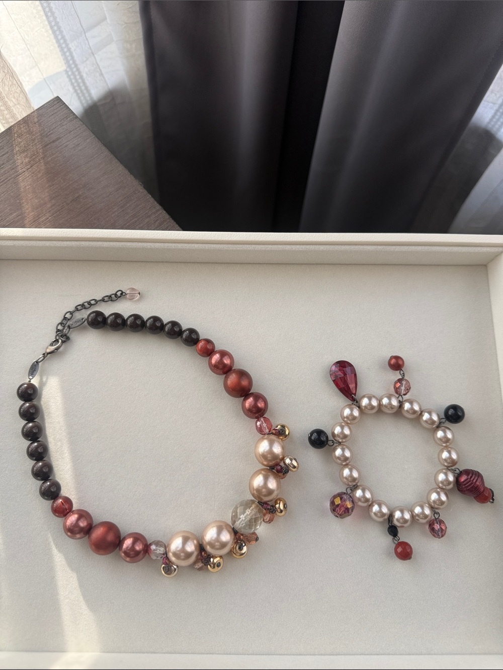 Sabika Pearl and Bead Red-Pink Statement Necklace and Bracelet Set